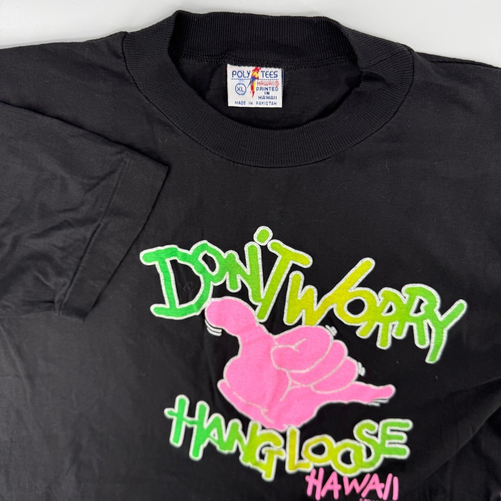 Vintage 80s Poly Tees T-Shirt XL Hang Loose Hawaii Black Neon Puff Lettering